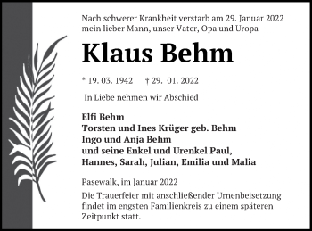 Traueranzeige von Klaus Behm von Pasewalker Zeitung