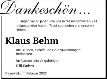 Traueranzeige von Klaus Behm von Pasewalker Zeitung