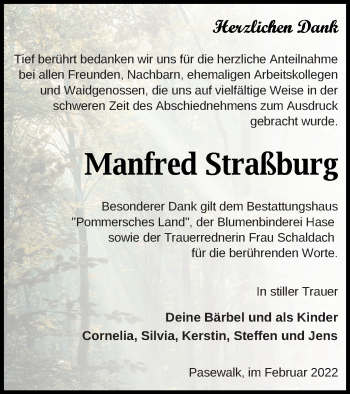 Traueranzeige von Manfred Straßburg von Pasewalker Zeitung