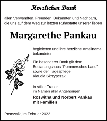 Traueranzeige von Margarethe Pankau von Pasewalker Zeitung