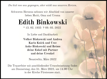 Traueranzeige von Edith Binkowski von Strelitzer Zeitung