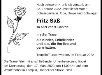 Traueranzeige von Fritz Saß von Prenzlauer Zeitung