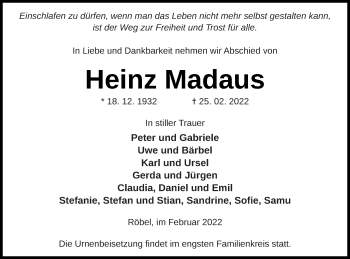 Traueranzeige von Heinz Madaus von Müritz-Zeitung