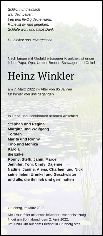 Traueranzeige von Heinz Winkler von Prenzlauer Zeitung