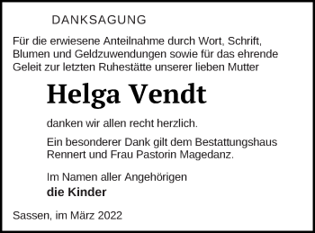Traueranzeige von Helga Vendt von Vorpommern Kurier