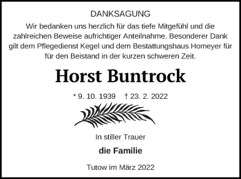 Traueranzeige von Horst Buntrock von Vorpommern Kurier