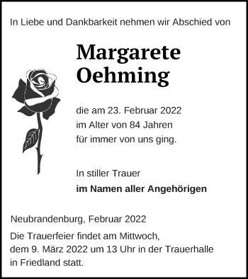 Traueranzeige von Margarete Oehming von Neubrandenburger Zeitung