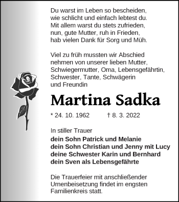 Traueranzeige von Martina Sadka von Neubrandenburger Zeitung