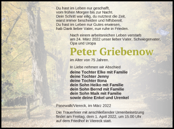 Traueranzeige von Peter Griebenow von Pasewalker Zeitung