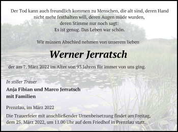 Traueranzeige von Werner Jerratsch von Prenzlauer Zeitung