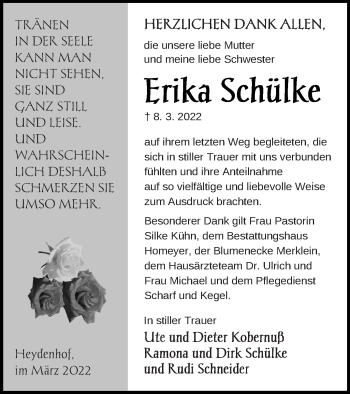 Traueranzeige von Erika Schülke von Vorpommern Kurier