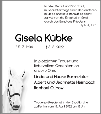 Traueranzeige von Gisela Kübke von Pasewalker Zeitung