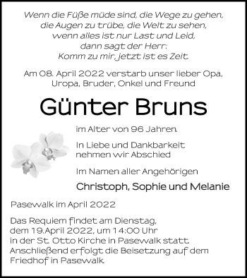 Traueranzeige von Günter Bruns von Pasewalker Zeitung