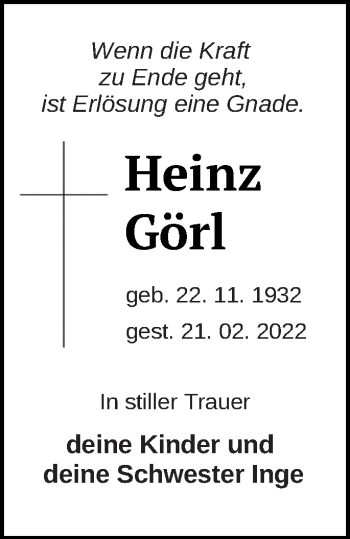 Traueranzeige von Heinz Görl von Pasewalker Zeitung