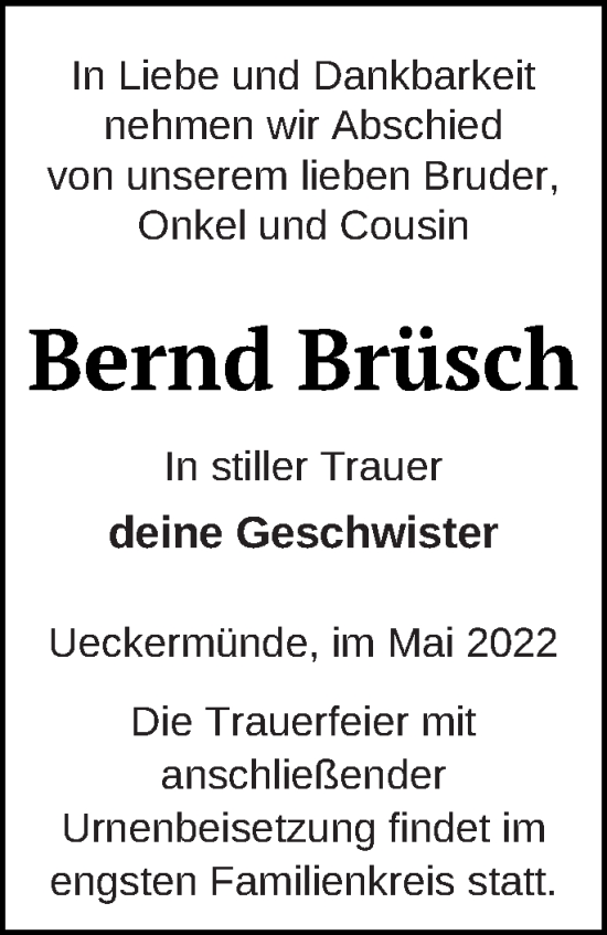 Traueranzeige von Bernd Brüsch von Haff-Zeitung