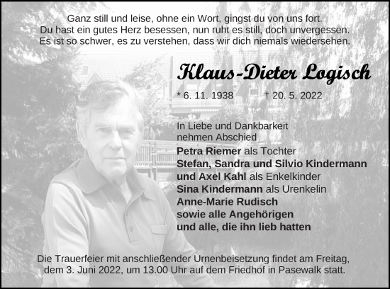 Traueranzeige von Klaus-Dieter Logisch von Müritz-Zeitung