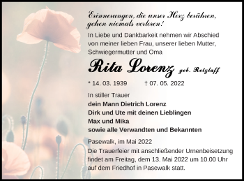 Traueranzeige von Rita Lorenz von Pasewalker Zeitung