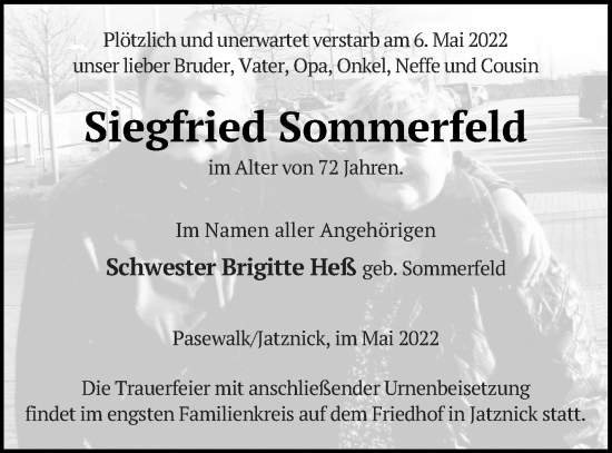 Traueranzeige von Siegfried Sommerfeld von Demminer Zeitung