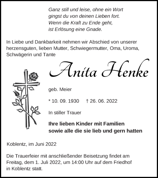 Traueranzeige von Anita Henke von Pasewalker Zeitung