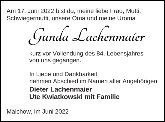 Traueranzeige von Gunda Lachenmaier von Müritz-Zeitung