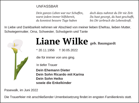Traueranzeige von Liane Wilke von Pasewalker Zeitung