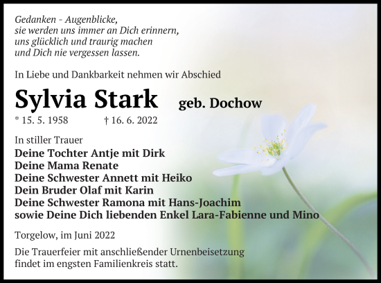 Traueranzeige von Sylvia Stark von Haff-Zeitung