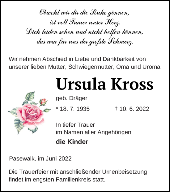 Traueranzeige von Ursula Kross von Pasewalker Zeitung