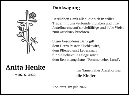 Traueranzeige von Anita Henke von Pasewalker Zeitung