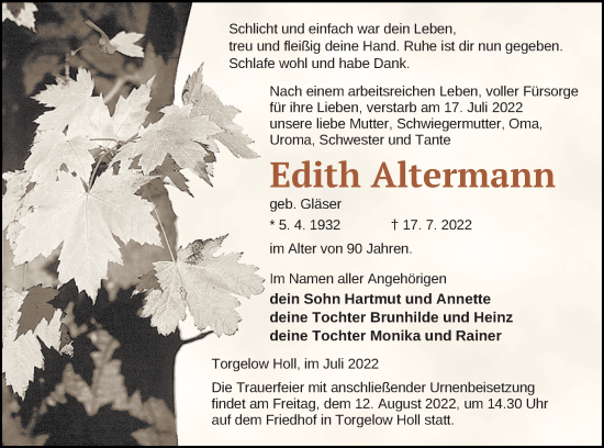 Traueranzeige von Edith Altermann von Haff-Zeitung