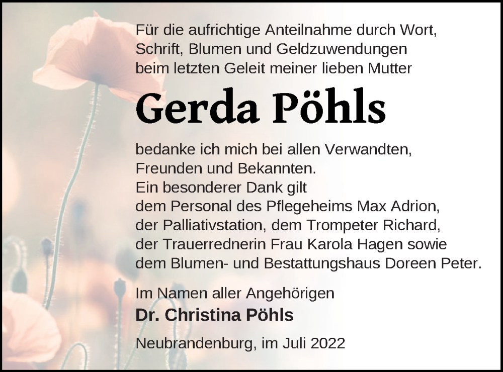  Traueranzeige für Gerda Pöhls vom 08.07.2022 aus Neubrandenburger Zeitung