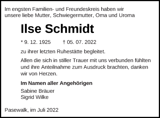 Traueranzeige von Ilse Schmidt von Pasewalker Zeitung