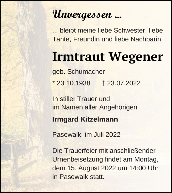 Traueranzeige von Irmtraut Wegener von Pasewalker Zeitung