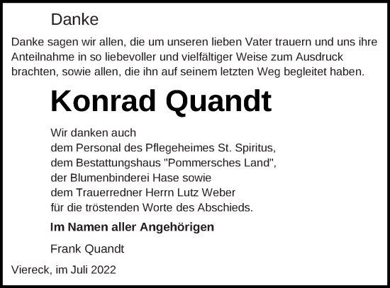 Traueranzeige von Konrad Quandt von Pasewalker Zeitung