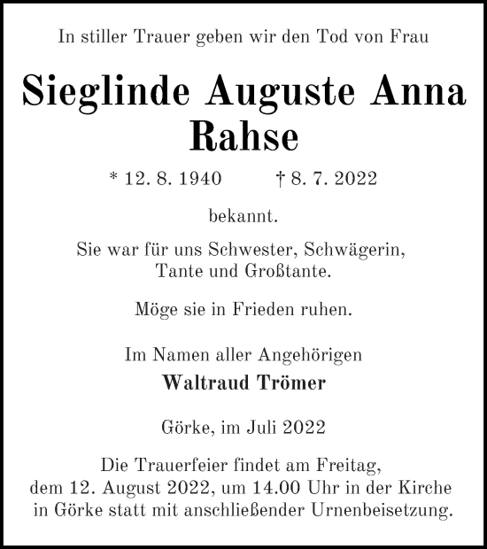 Traueranzeige von Sieglinde Auguste Anna Rahse von Vorpommern Kurier