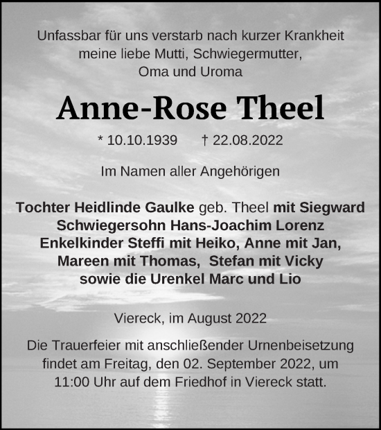 Traueranzeige von Anne-Rose Theel von Vorpommern Kurier