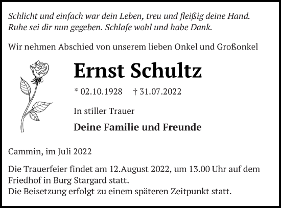 Traueranzeige von Ernst Schultz von Neubrandenburger Zeitung