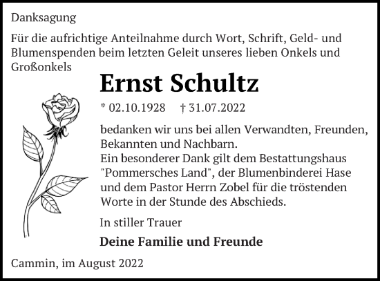 Traueranzeige von Ernst Schultz von Neubrandenburger Zeitung