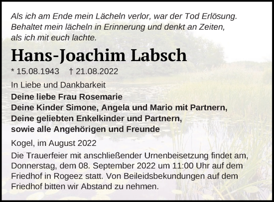 Traueranzeige von Hans-Joachim Labsch von Müritz-Zeitung
