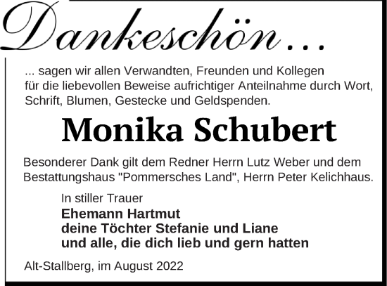 Traueranzeige von Monika Schubert von Haff-Zeitung