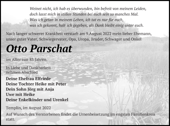 Traueranzeige von Otto Parschat von Templiner Zeitung