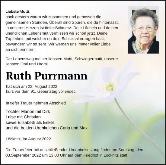 Traueranzeige von Ruth Purrmann von Pasewalker Zeitung