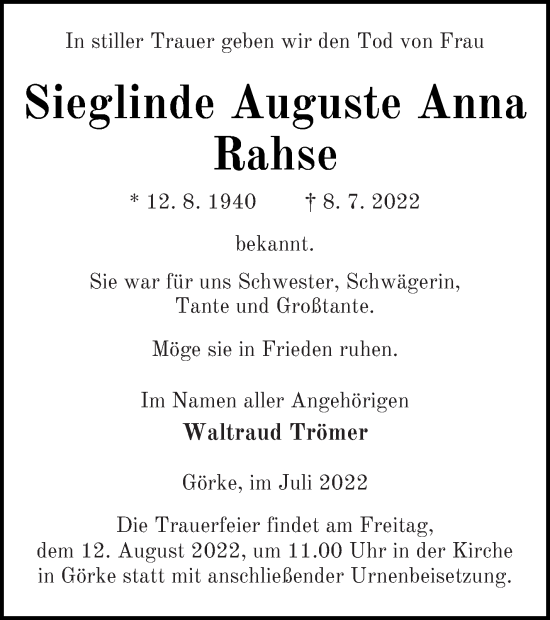 Traueranzeige von Sieglinde Auguste Anna Rahse von Vorpommern Kurier