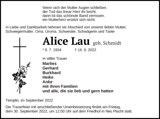 Traueranzeige von Alice Lau von Prenzlauer Zeitung