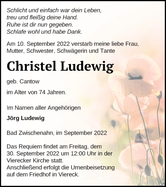 Traueranzeige von Christel Ludewig von Pasewalker Zeitung