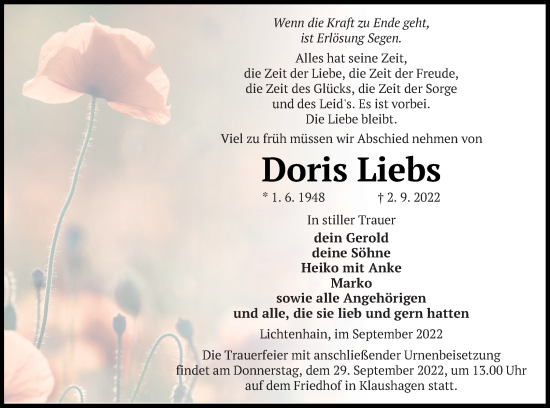 Traueranzeige von Doris Liebs von Templiner Zeitung
