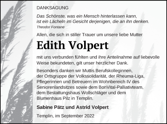 Traueranzeige von Edith Volpert von Templiner Zeitung