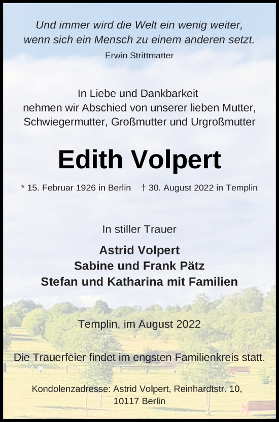 Traueranzeige von Edith Volpert von Templiner Zeitung