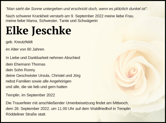 Traueranzeige von Elke Jeschke von Templiner Zeitung