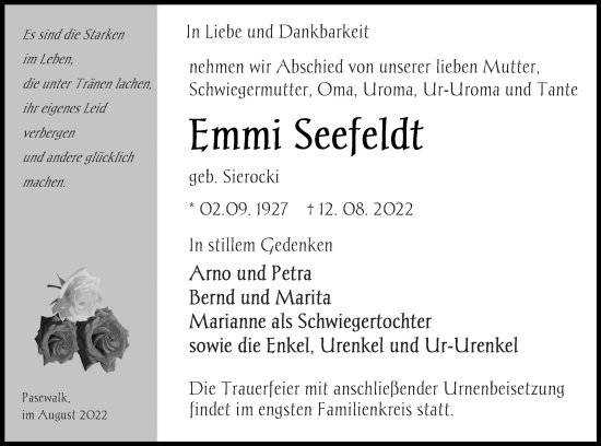 Traueranzeige von Emmi Seefeldt von Pasewalker Zeitung