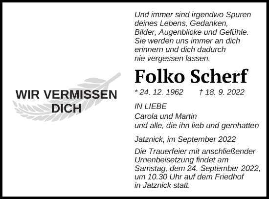 Traueranzeige von Folko Scherf von Pasewalker Zeitung